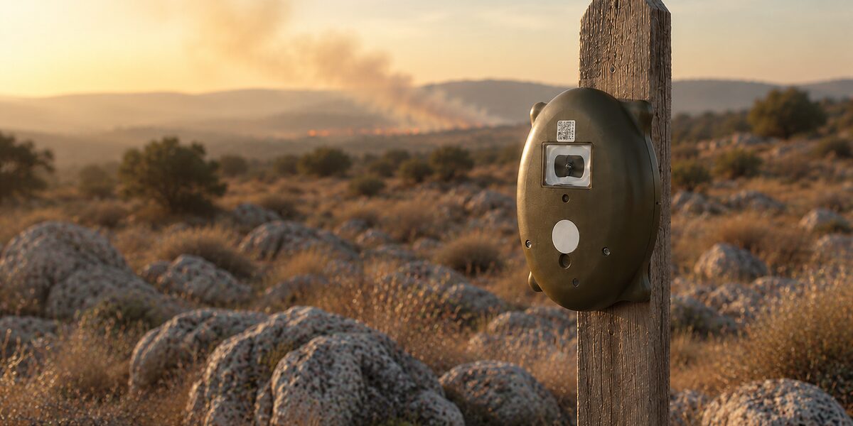 FireAlert sensor node mounted on a wooden post, overlooking scrubland with wildfire smoke on the horizon.